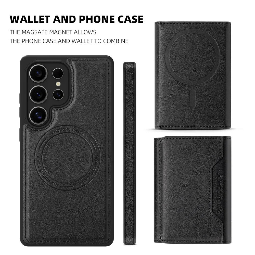 For Samsung Galaxy S25 Ultra Magnetic Case Leather Back Phone Cover with Detachable Card Bag - Black - 7