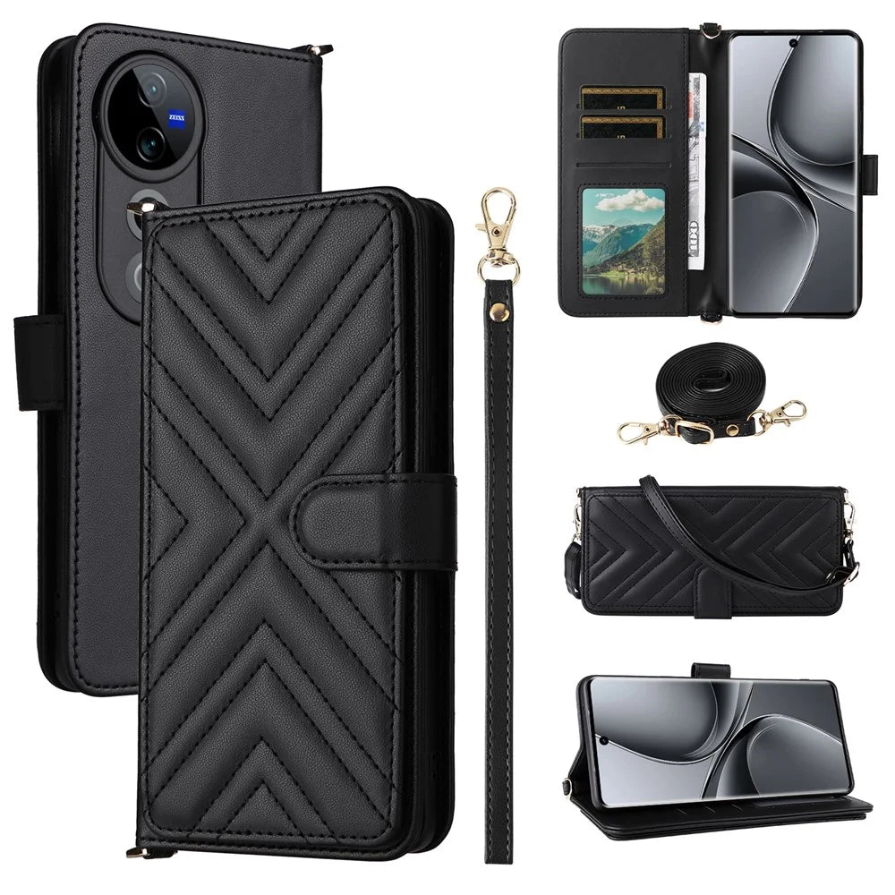 Wallet Phone Case for vivo T3 Ultra 5G  / V40 Pro 5G  / V40 5G  / S19 Pro 5G Leather Cover with Shoulder / Wrist Strap - Black - 1