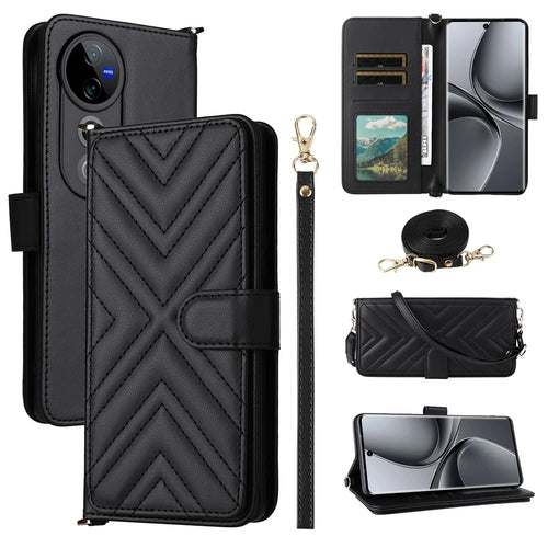 Wallet Phone Case for vivo T3 Ultra 5G  / V40 Pro 5G  / V40 5G  / S19 Pro 5G Leather Cover with Shoulder / Wrist Strap - Black - 1