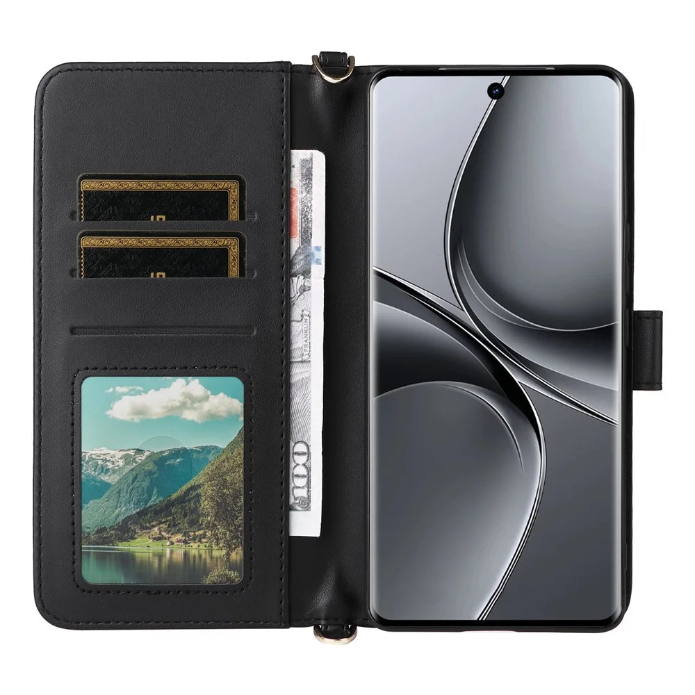 Wallet Phone Case for vivo T3 Ultra 5G  / V40 Pro 5G  / V40 5G  / S19 Pro 5G Leather Cover with Shoulder / Wrist Strap - Black - 3