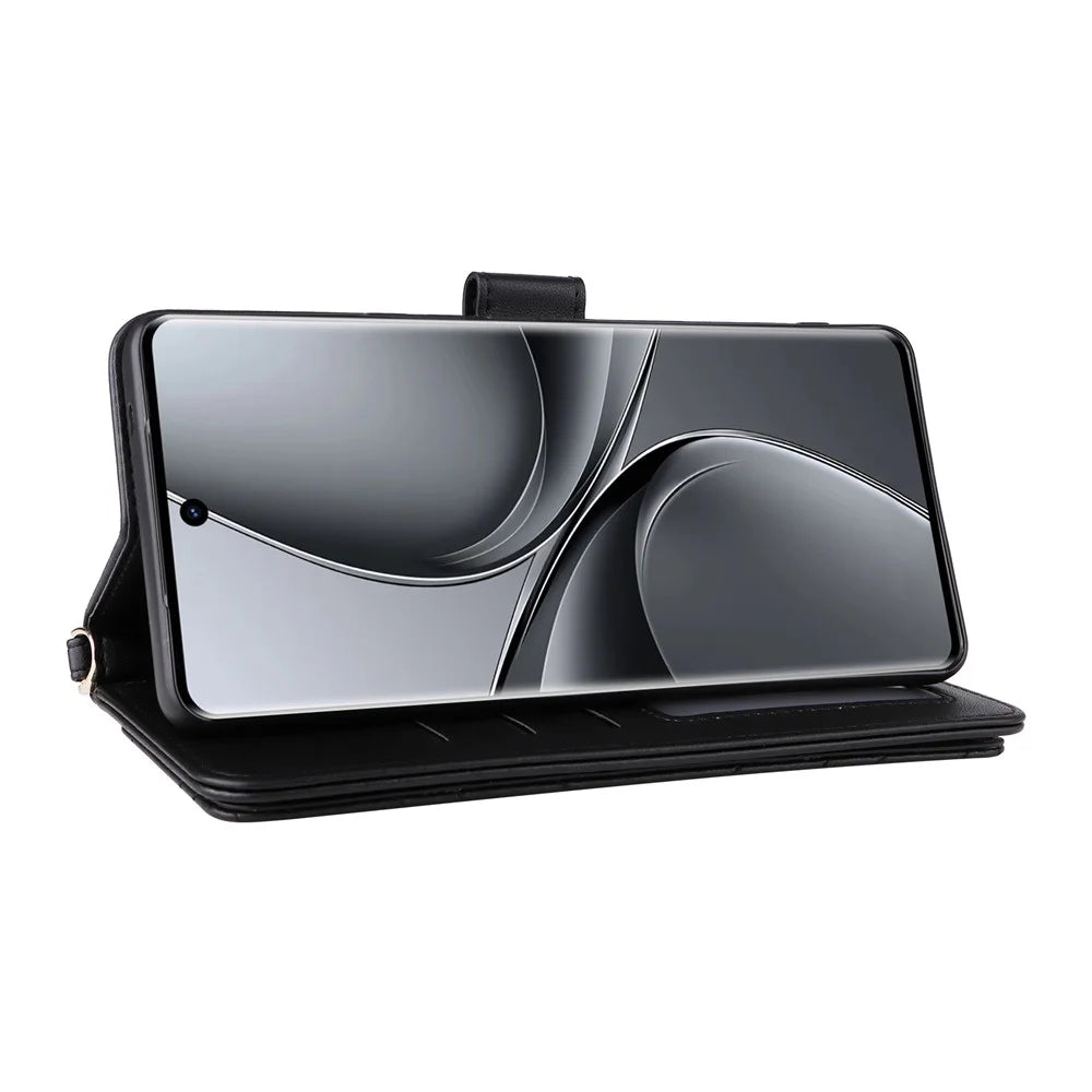 Wallet Phone Case for vivo T3 Ultra 5G  / V40 Pro 5G  / V40 5G  / S19 Pro 5G Leather Cover with Shoulder / Wrist Strap - Black - 5