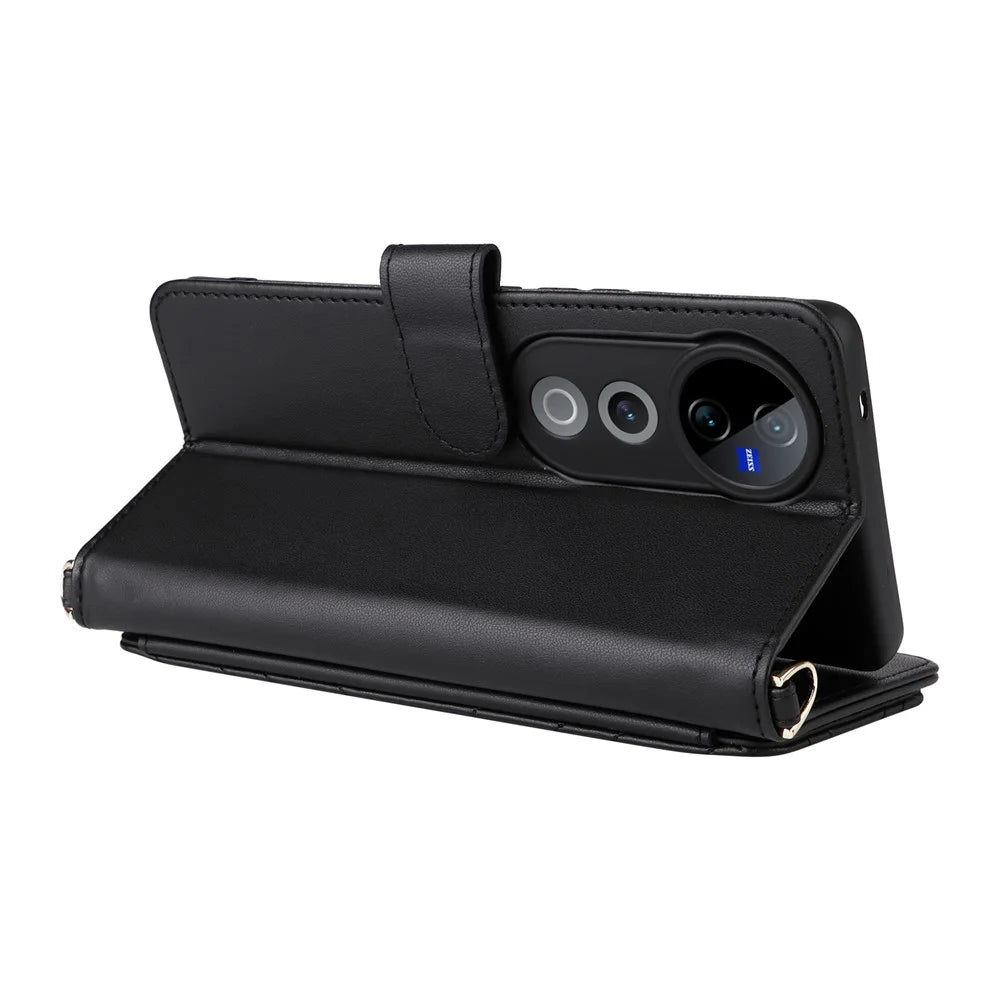 Wallet Phone Case for vivo T3 Ultra 5G  / V40 Pro 5G  / V40 5G  / S19 Pro 5G Leather Cover with Shoulder / Wrist Strap - Black - 6