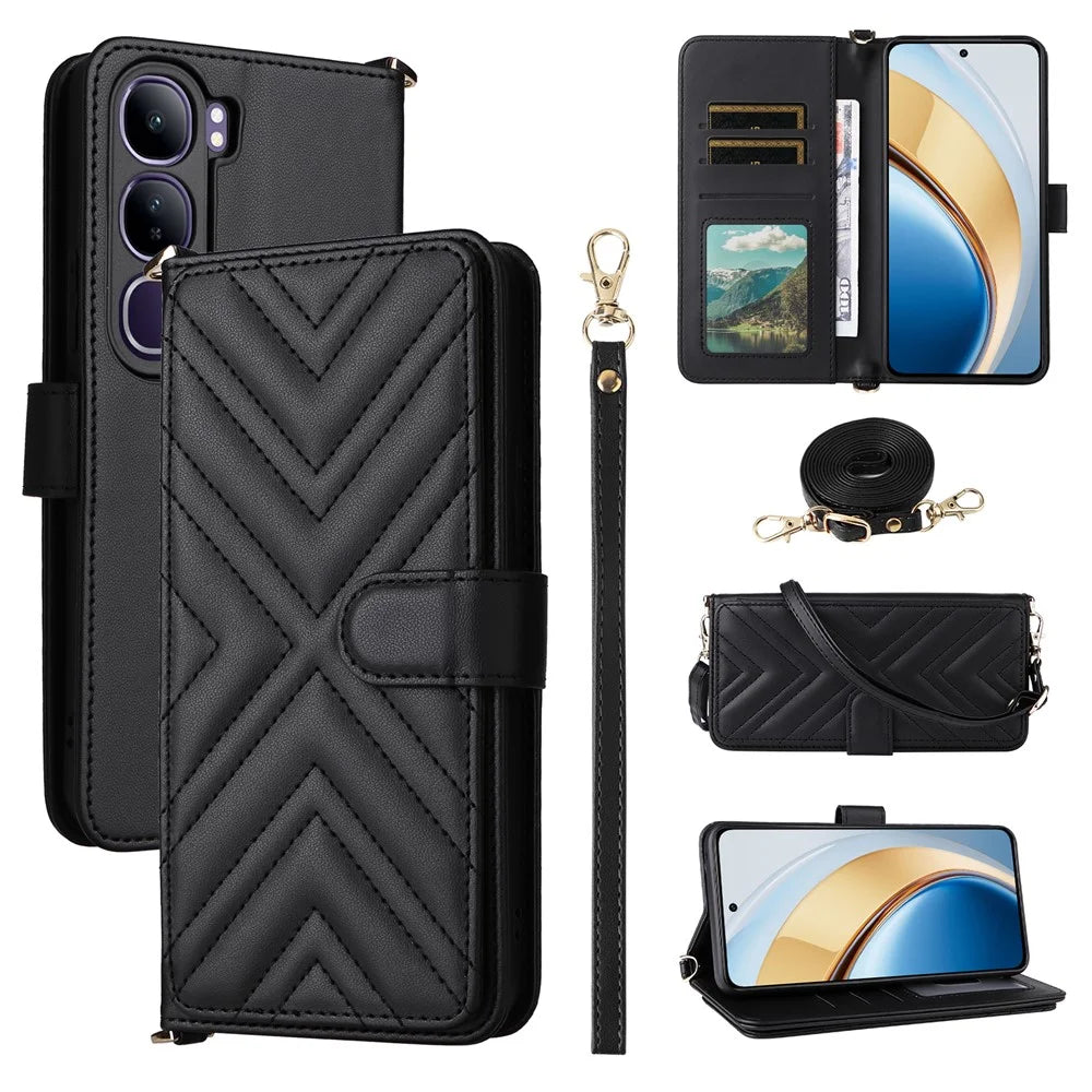 Wallet Phone Case for vivo Y300 5G / Y200 5G / V40 Lite (Indonesia) 5G / 4G Leather Cover with Shoulder / Wrist Strap - Black - 1