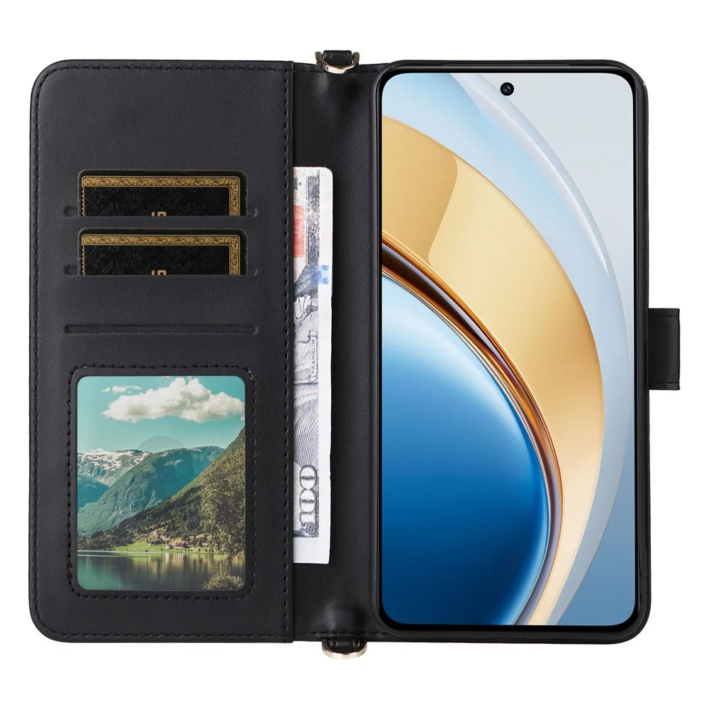 Wallet Phone Case for vivo Y300 5G / Y200 5G / V40 Lite (Indonesia) 5G / 4G Leather Cover with Shoulder / Wrist Strap - Black - 3