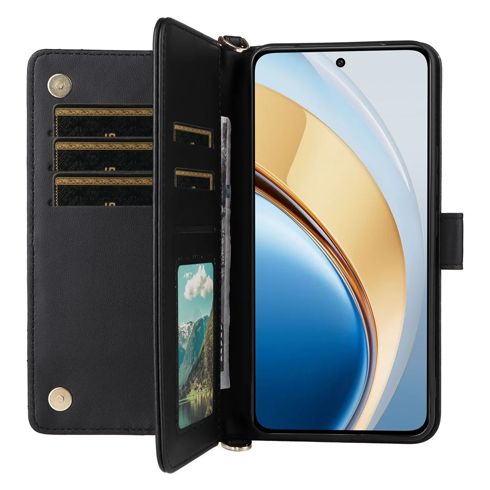 Wallet Phone Case for vivo Y300 5G / Y200 5G / V40 Lite (Indonesia) 5G / 4G Leather Cover with Shoulder / Wrist Strap - Black - 4