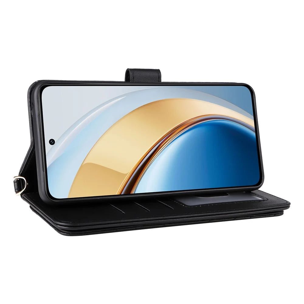 Wallet Phone Case for vivo Y300 5G / Y200 5G / V40 Lite (Indonesia) 5G / 4G Leather Cover with Shoulder / Wrist Strap - Black - 5