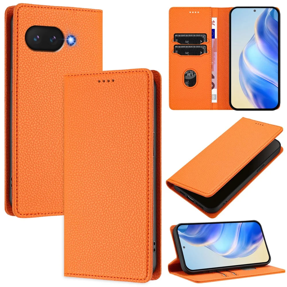 For Google Pixel 9a Wallet Case RFID Blocking Litchi Texture Leather Mobile Cover - Orange - 1