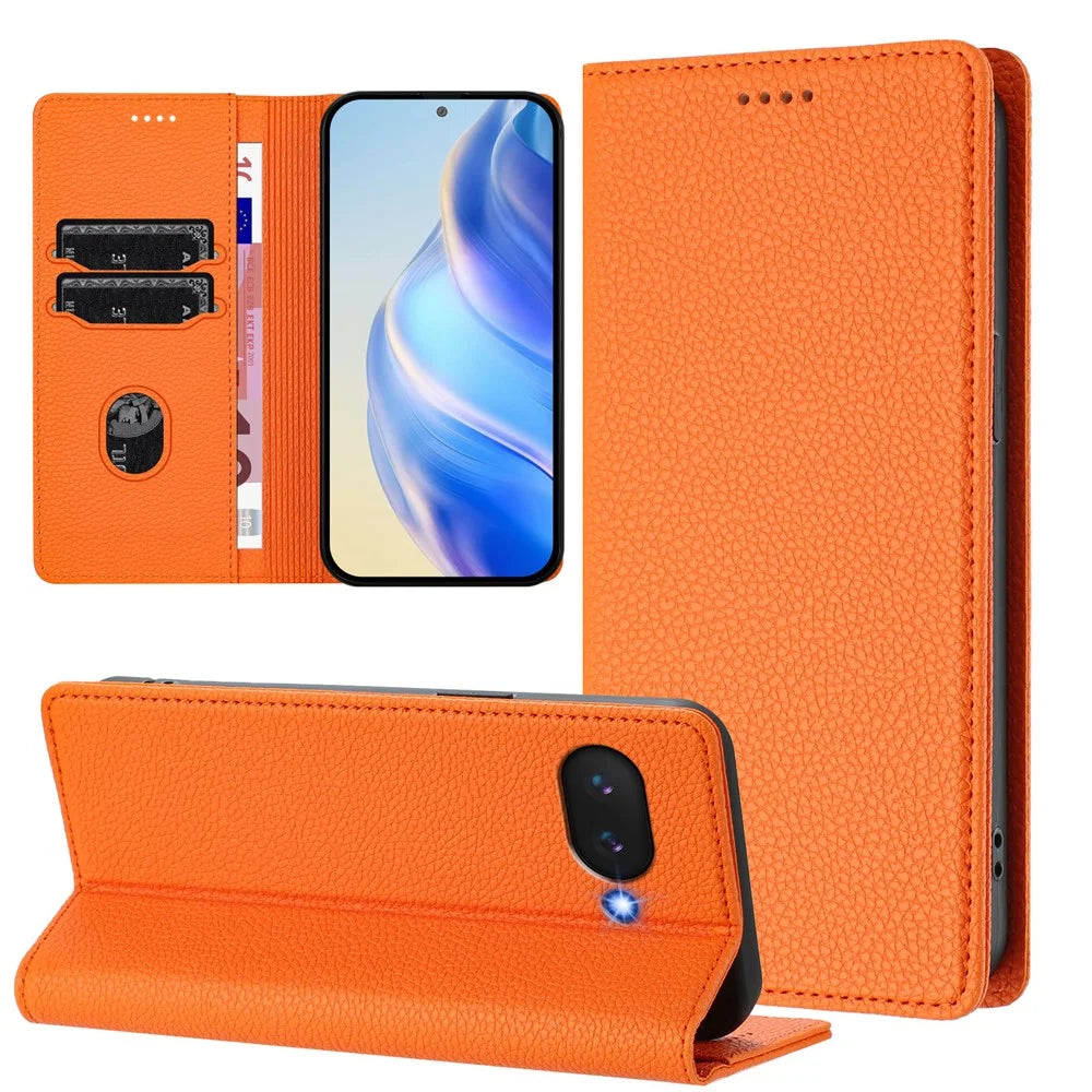 For Google Pixel 9a Wallet Case RFID Blocking Litchi Texture Leather Mobile Cover - Orange - 4