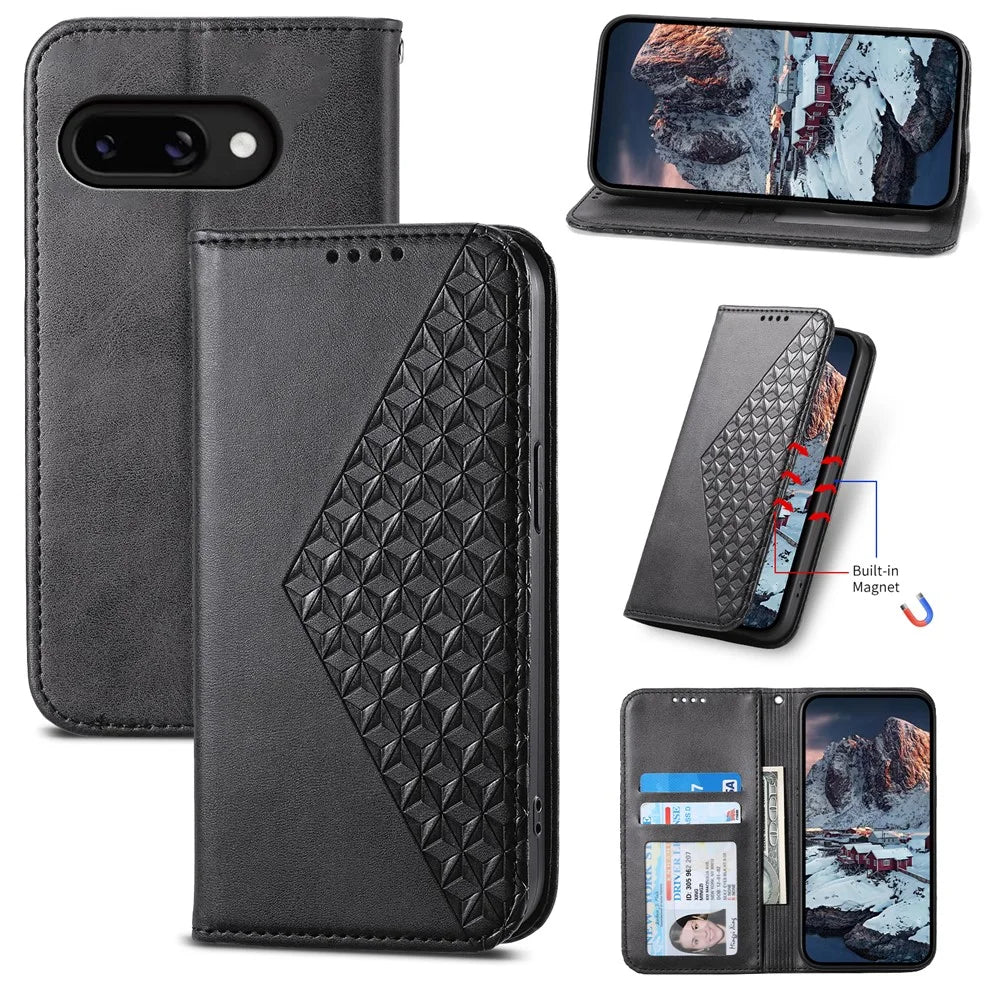 For Google Pixel 9a Case Calf Texture PU Leather Phone Cover with Wallet - Black - 7