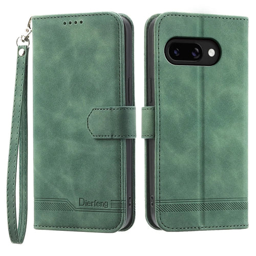 DIERFENG DF-03 For Google Pixel 9a Leather Case Lines Imprint Wallet Phone Cover - Green - 1