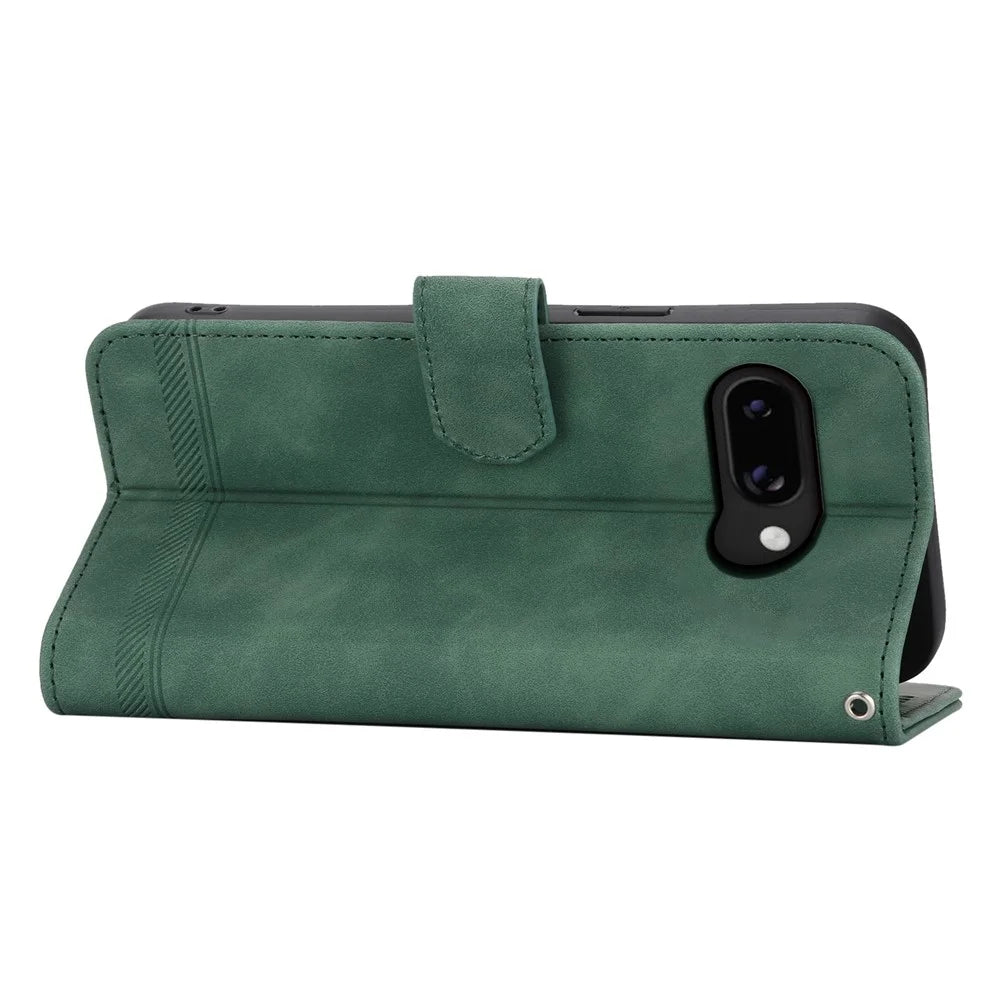DIERFENG DF-03 For Google Pixel 9a Leather Case Lines Imprint Wallet Phone Cover - Green - 2