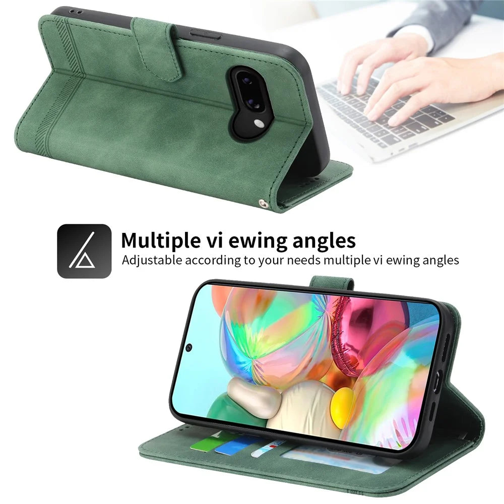 DIERFENG DF-03 For Google Pixel 9a Leather Case Lines Imprint Wallet Phone Cover - Green - 4