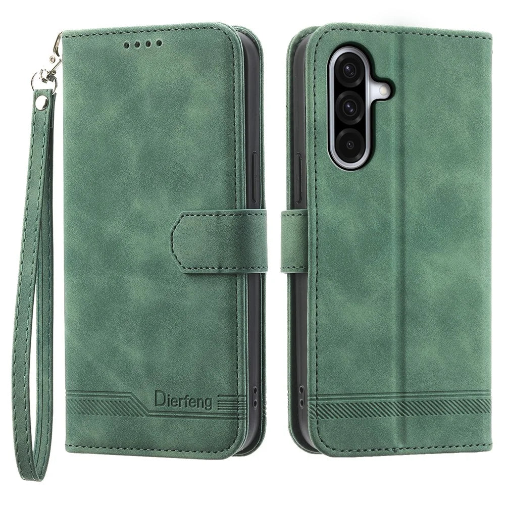 DIERFENG DF-03 For Samsung Galaxy A56 5G Leather Case Lines Imprint Wallet Phone Cover - Green - 1