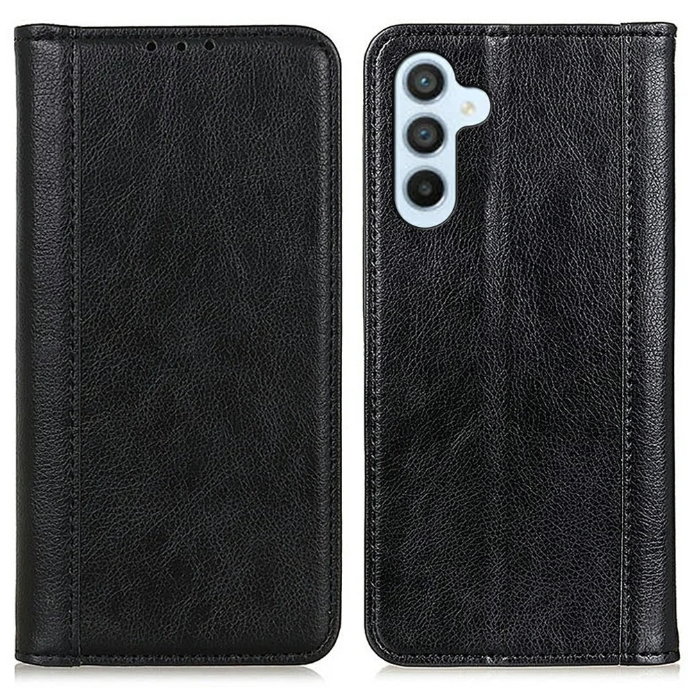 For Samsung Galaxy A56 5G Stand Case Split Leather Litchi Texture Wallet Phone Cover - Black - 1