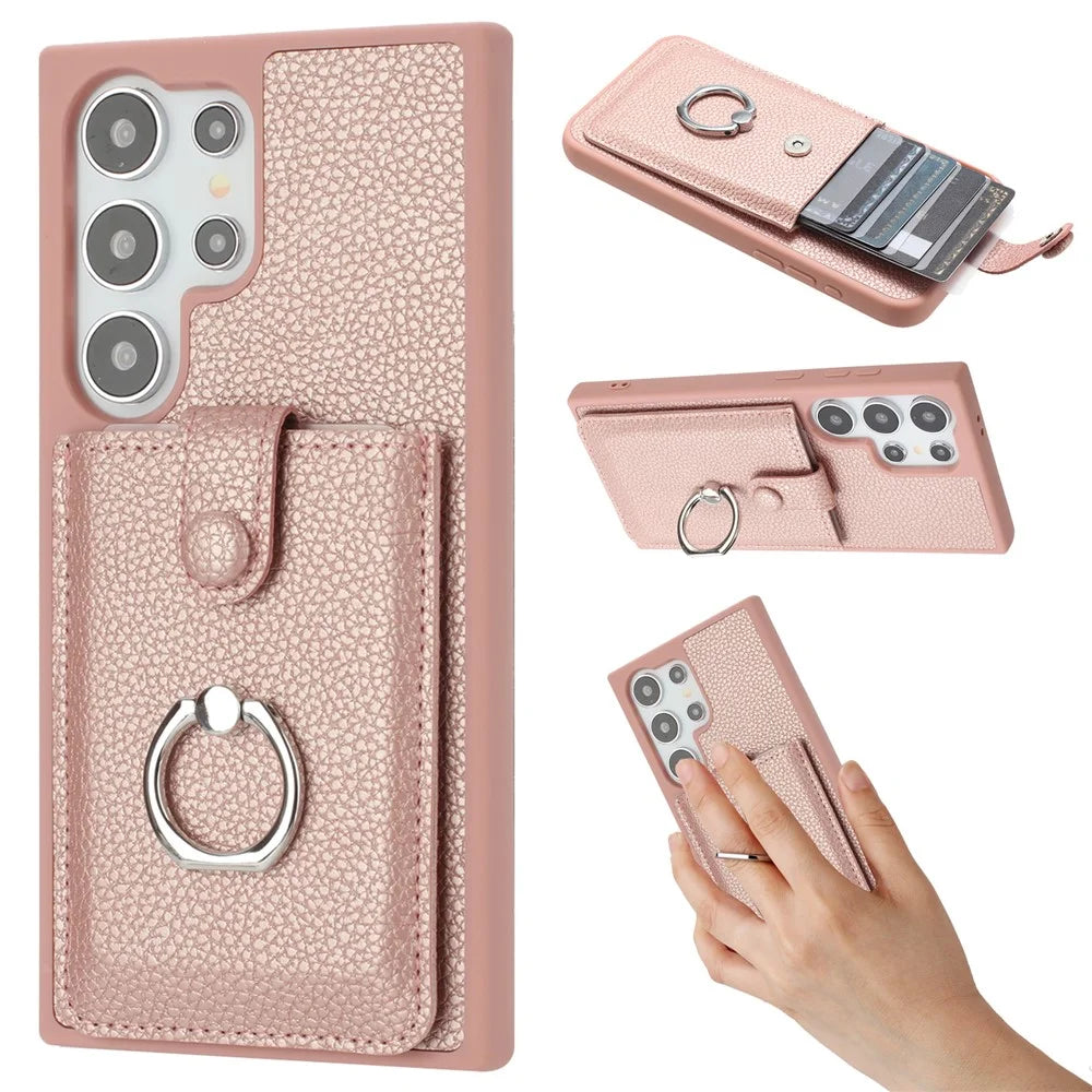 For Samsung Galaxy S25 Ultra Case with Ring Kickstand Drawing Type Card Slots Leather Back Cover - Rose Gold - 1