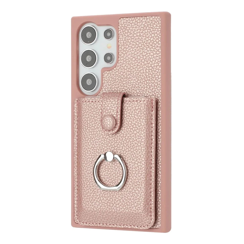 For Samsung Galaxy S25 Ultra Case with Ring Kickstand Drawing Type Card Slots Leather Back Cover - Rose Gold - 2