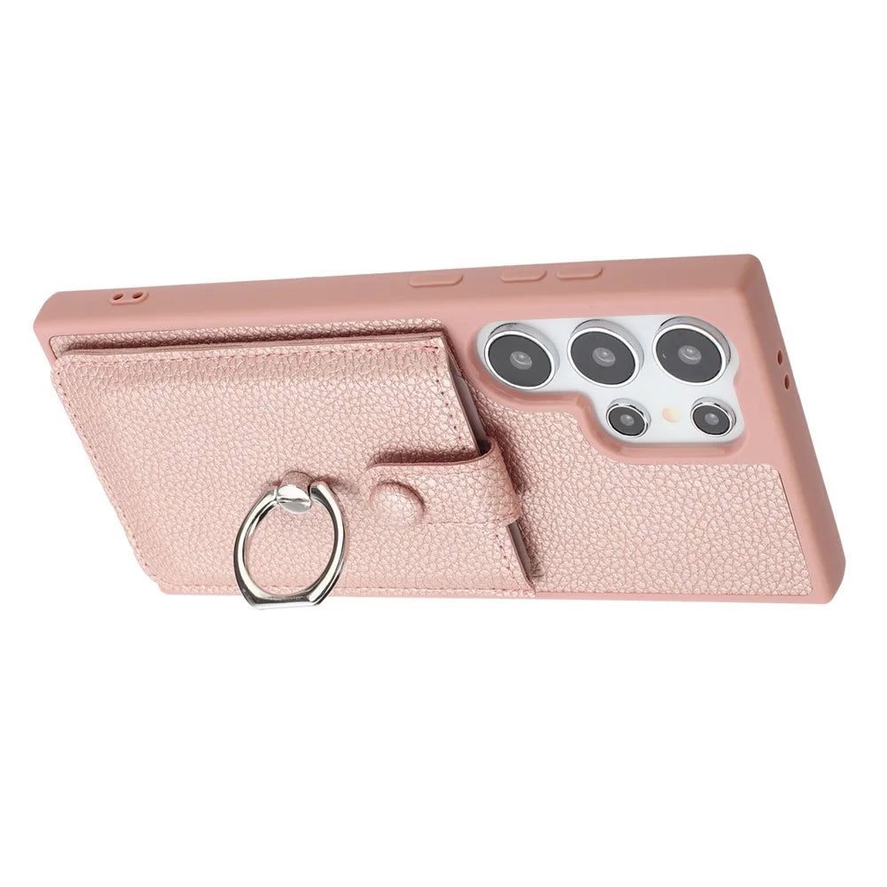 For Samsung Galaxy S25 Ultra Case with Ring Kickstand Drawing Type Card Slots Leather Back Cover - Rose Gold - 3