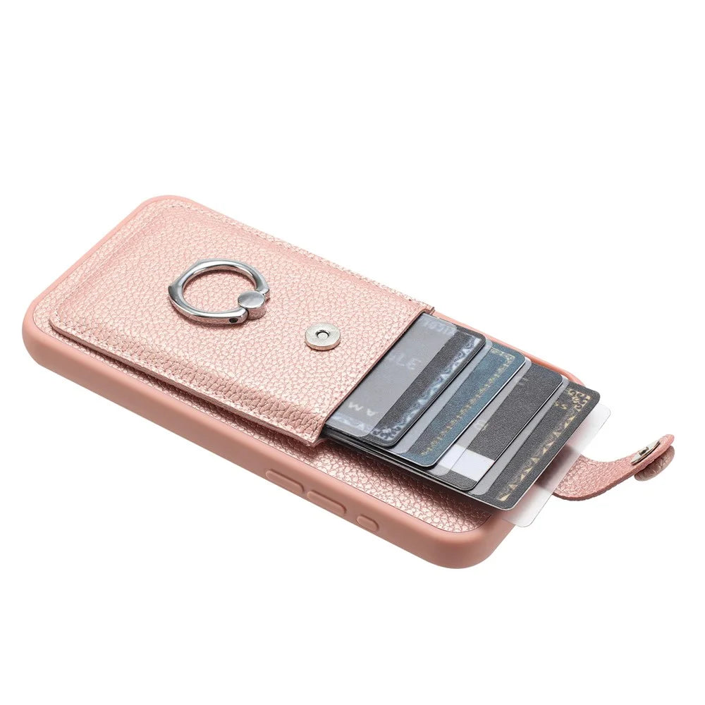 For Samsung Galaxy S25 Ultra Case with Ring Kickstand Drawing Type Card Slots Leather Back Cover - Rose Gold - 5