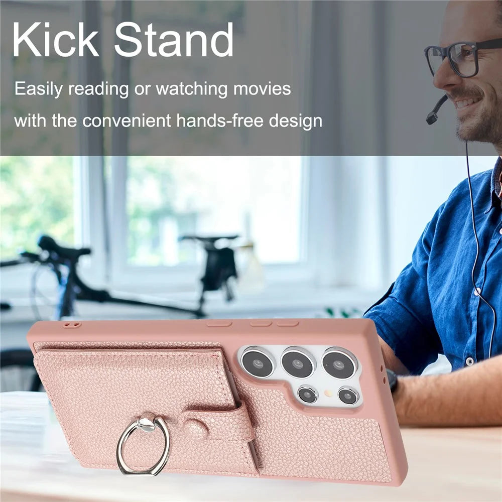 For Samsung Galaxy S25 Ultra Case with Ring Kickstand Drawing Type Card Slots Leather Back Cover - Rose Gold - 7