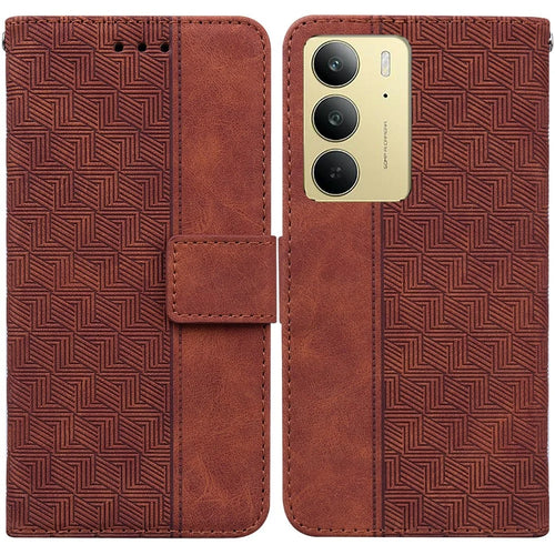 For Realme C75 4G Case Geometry Pattern Leather Wallet Phone Cover with Wrist Strap - Brown - 1