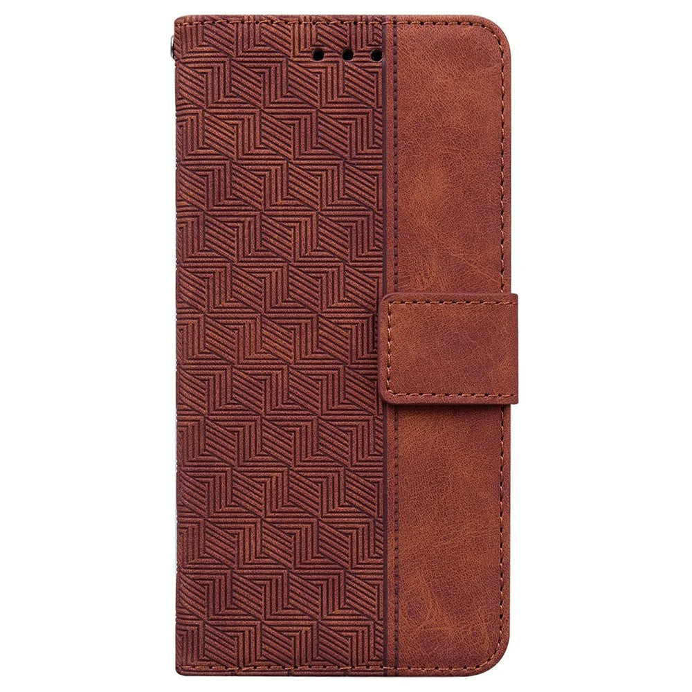For Realme C75 4G Case Geometry Pattern Leather Wallet Phone Cover with Wrist Strap - Brown - 6