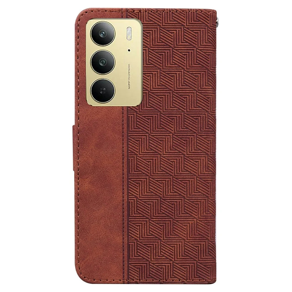 For Realme C75 4G Case Geometry Pattern Leather Wallet Phone Cover with Wrist Strap - Brown - 7