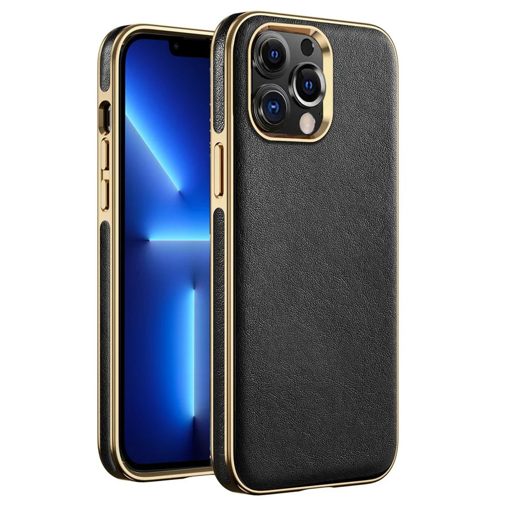 For iPhone 13 Pro Max 6.7 inch Business Electroplating Phone Case Anti-scratch TPU+PU Leather Phone Cover - Black - 1