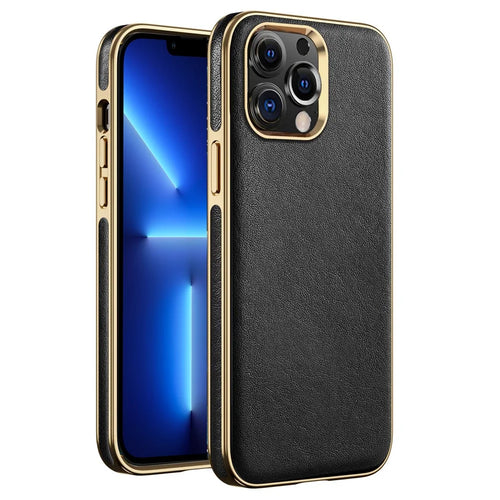 For iPhone 13 Pro Max 6.7 inch Business Electroplating Phone Case Anti-scratch TPU+PU Leather Phone Cover - Black - 1