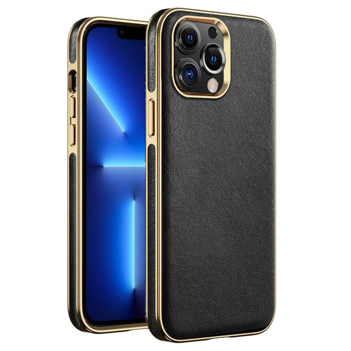 For iPhone 13 Pro Max 6.7 inch Business Electroplating Phone Case Anti-scratch TPU+PU Leather Phone Cover - Black - 1