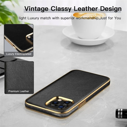 For iPhone 13 Pro Max 6.7 inch Business Electroplating Phone Case Anti-scratch TPU+PU Leather Phone Cover - Black - 2