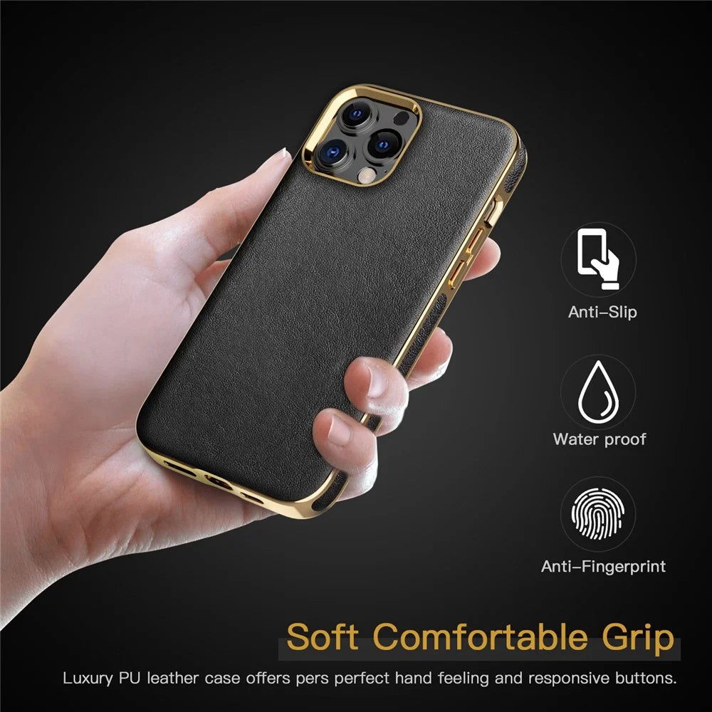 For iPhone 13 Pro Max 6.7 inch Business Electroplating Phone Case Anti-scratch TPU+PU Leather Phone Cover - Black - 6