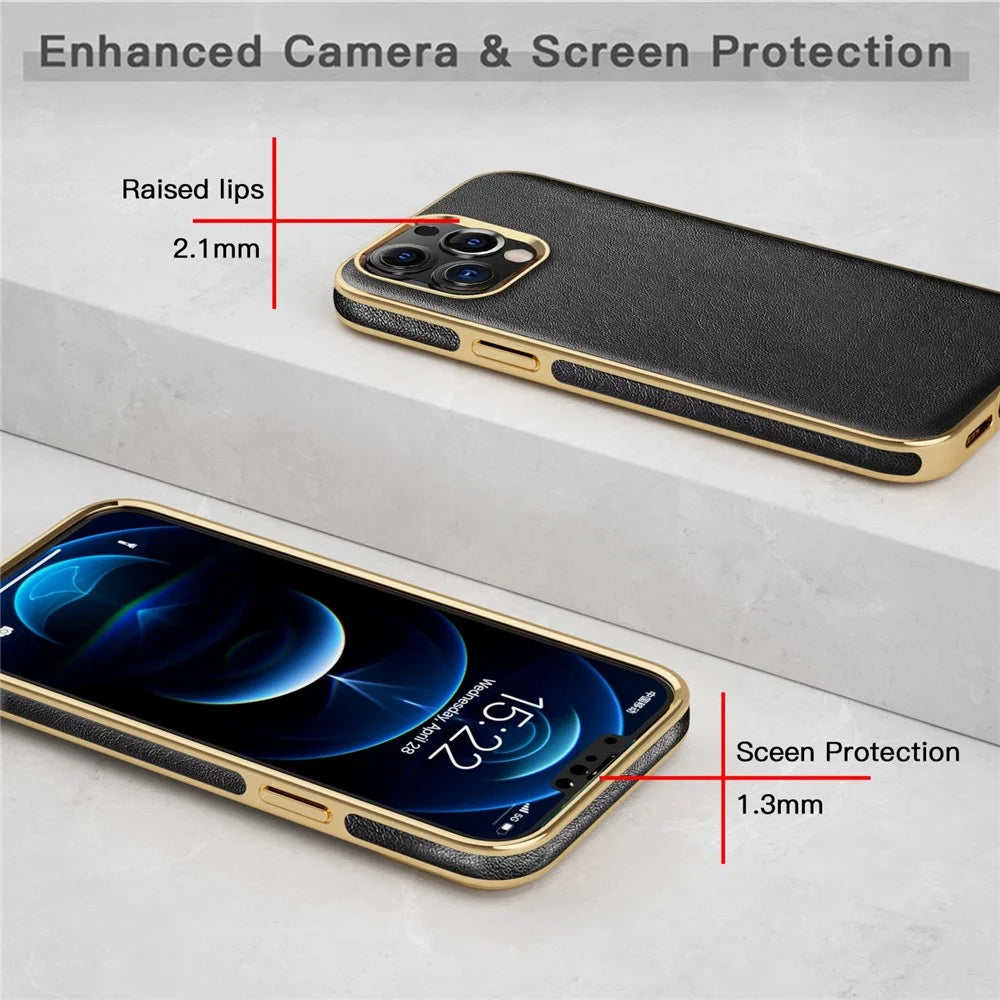 For iPhone 13 Pro Max 6.7 inch Business Electroplating Phone Case Anti-scratch TPU+PU Leather Phone Cover - Black - 7