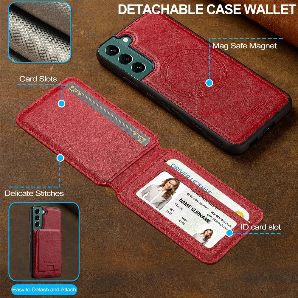 LC.IMEEKE L3 For Samsung Galaxy S22 5G Magnetic Case Detachable Card Holder Leather TPU Mobile Cover - Red - 4
