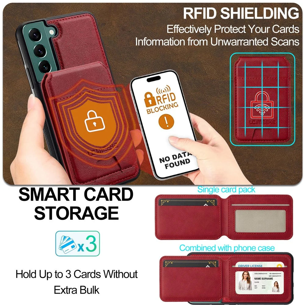 LC.IMEEKE L3 For Samsung Galaxy S22 5G Magnetic Case Detachable Card Holder Leather TPU Mobile Cover - Red - 6