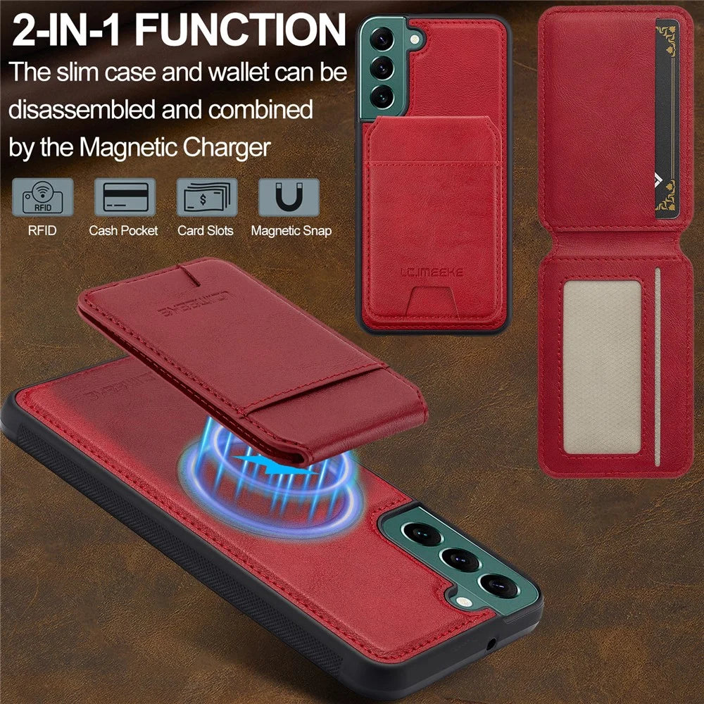 LC.IMEEKE L3 For Samsung Galaxy S22 5G Magnetic Case Detachable Card Holder Leather TPU Mobile Cover - Red - 7