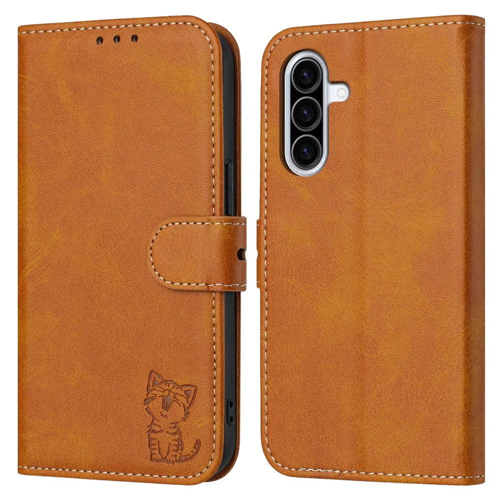For Samsung Galaxy A26 5G Case Happy Cat Pattern Imprinted Leather Wallet Phone Cover - Yellow - 1