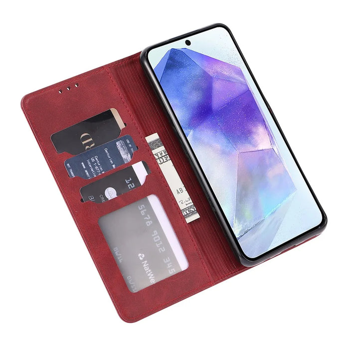 For Samsung Galaxy A56 5G Case Happy Cat Pattern Imprinted Leather Wallet Phone Cover - Red - 3