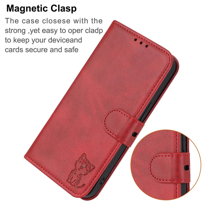 For Samsung Galaxy A56 5G Case Happy Cat Pattern Imprinted Leather Wallet Phone Cover - Red - 7