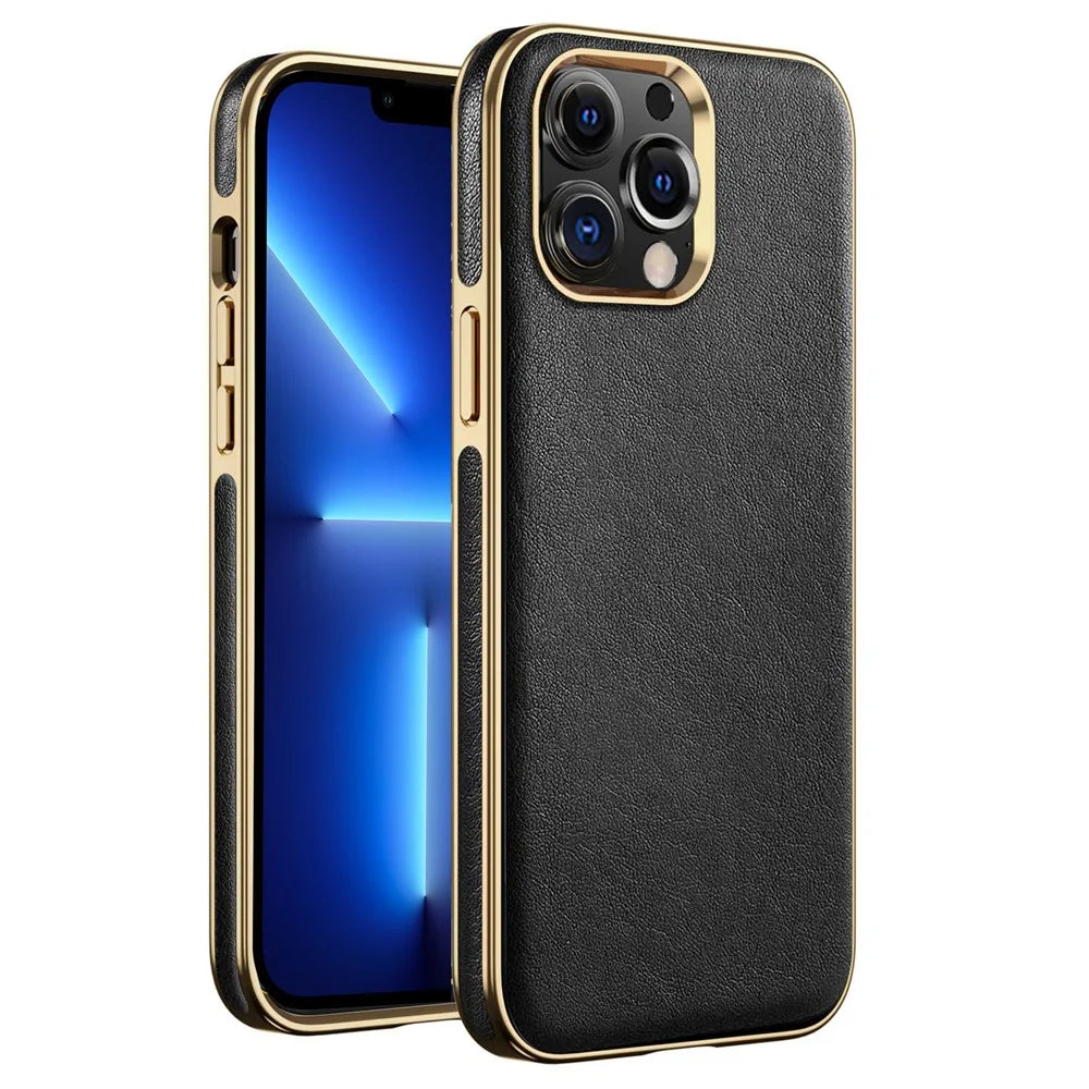For iPhone 13 Pro 6.1 inch PU Leather Coated TPU Phone Shell Case Business Electroplating Anti-fingerprint Mobile Phone Cover - Black - 1