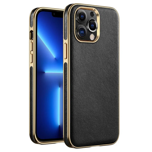 For iPhone 13 Pro 6.1 inch PU Leather Coated TPU Phone Shell Case Business Electroplating Anti-fingerprint Mobile Phone Cover - Black - 1