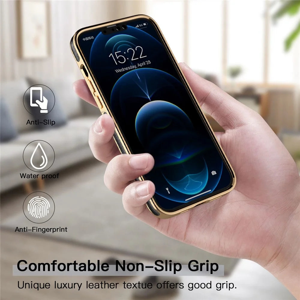 For iPhone 13 Pro 6.1 inch PU Leather Coated TPU Phone Shell Case Business Electroplating Anti-fingerprint Mobile Phone Cover - Black - 3