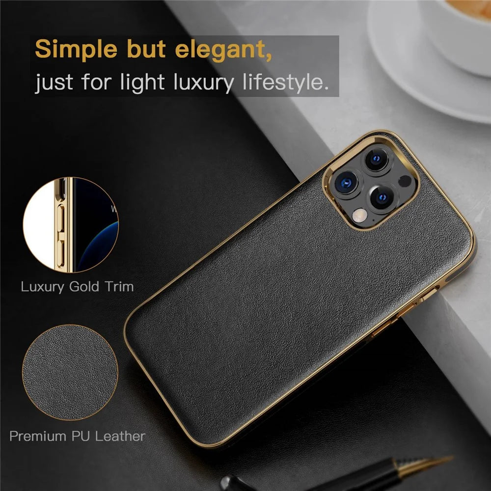 For iPhone 13 Pro 6.1 inch PU Leather Coated TPU Phone Shell Case Business Electroplating Anti-fingerprint Mobile Phone Cover - Black - 5
