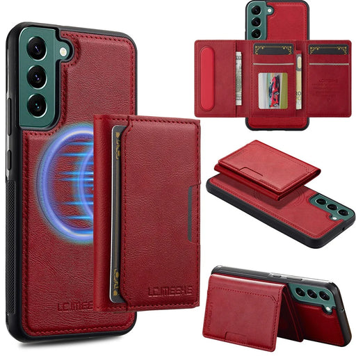 LC.IMEEKE L5 For Samsung	Galaxy S22 5G Magnetic Phone Case Leather Back Cover with Detachable Card Holder - Red - 1