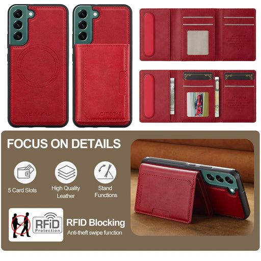 LC.IMEEKE L5 For Samsung	Galaxy S22 5G Magnetic Phone Case Leather Back Cover with Detachable Card Holder - Red - 2