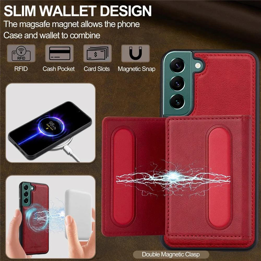 LC.IMEEKE L5 For Samsung	Galaxy S22 5G Magnetic Phone Case Leather Back Cover with Detachable Card Holder - Red - 7