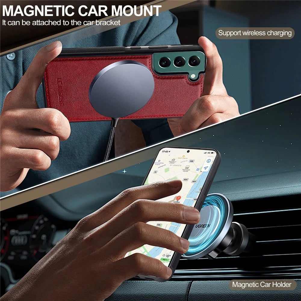 LC.IMEEKE For Samsung Galaxy S22 5G Magnetic Case Leather TPU Back Cover - Red - 3