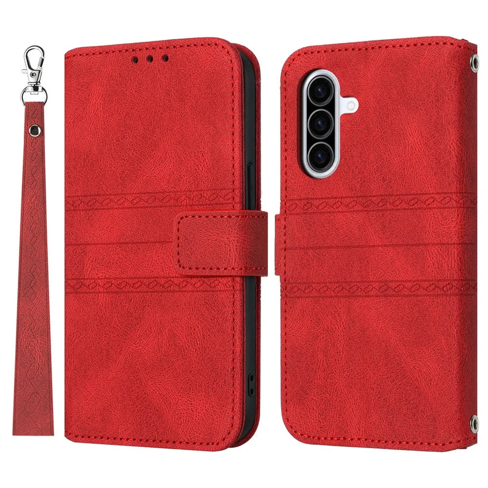 For Samsung Galaxy A26 5G Case Wallet Skin-Touch Leather Imprinted Phone Cover - Red - 1