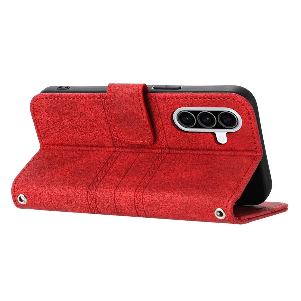 For Samsung Galaxy A26 5G Case Wallet Skin-Touch Leather Imprinted Phone Cover - Red - 4