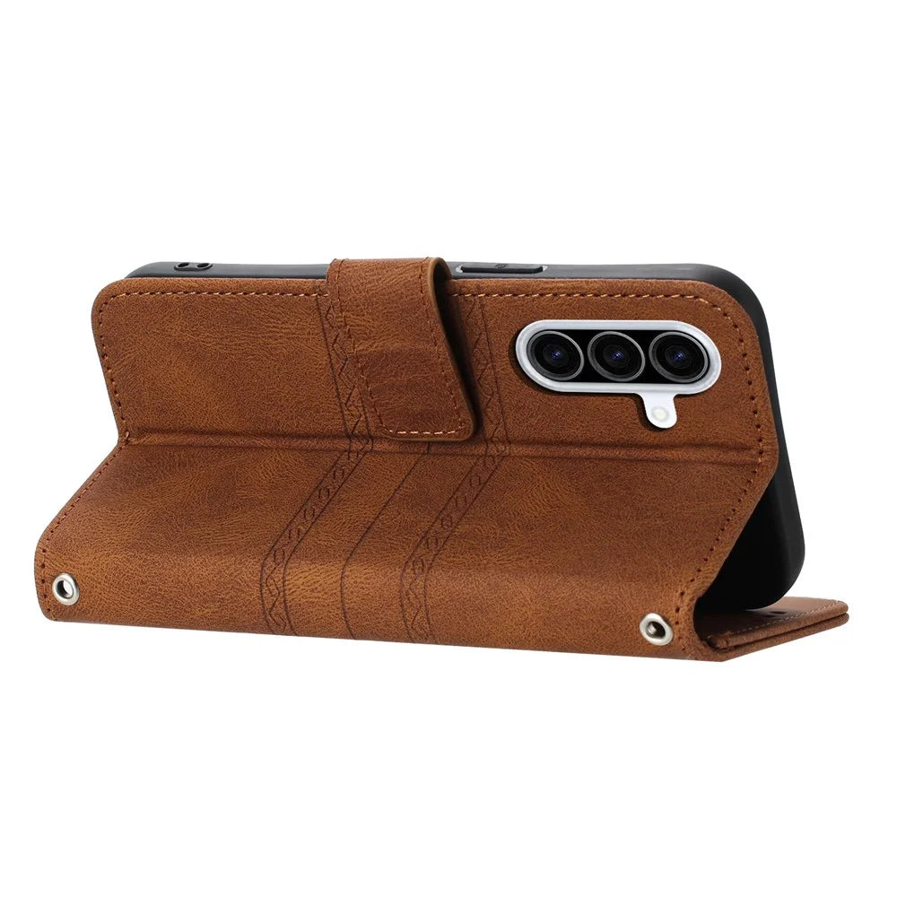 For Samsung Galaxy A56 5G Case Wallet Skin-Touch Leather Imprinted Phone Cover - Brown - 4