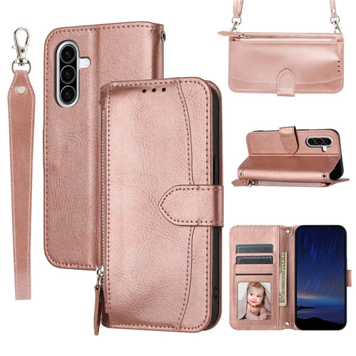 For Samsung Galaxy A26 5G Case Zipper Pocket Leather Phone Cover with Crossbody Shoulder Strap - Rose Gold - 1